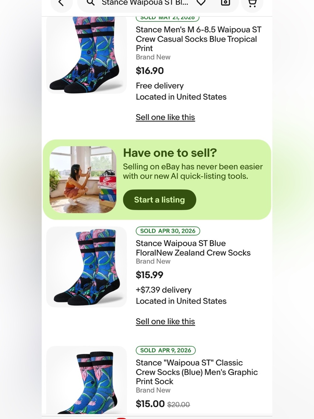 Stance Waipoua ST Blue Floral Hawaii Casual Crew Socks Poly Blend Size large - Picture 8 of 8